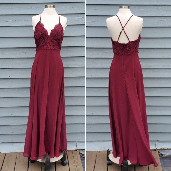 Lulus Madalyn Burgundy Lace and Chiffon Maxi Prom Formal