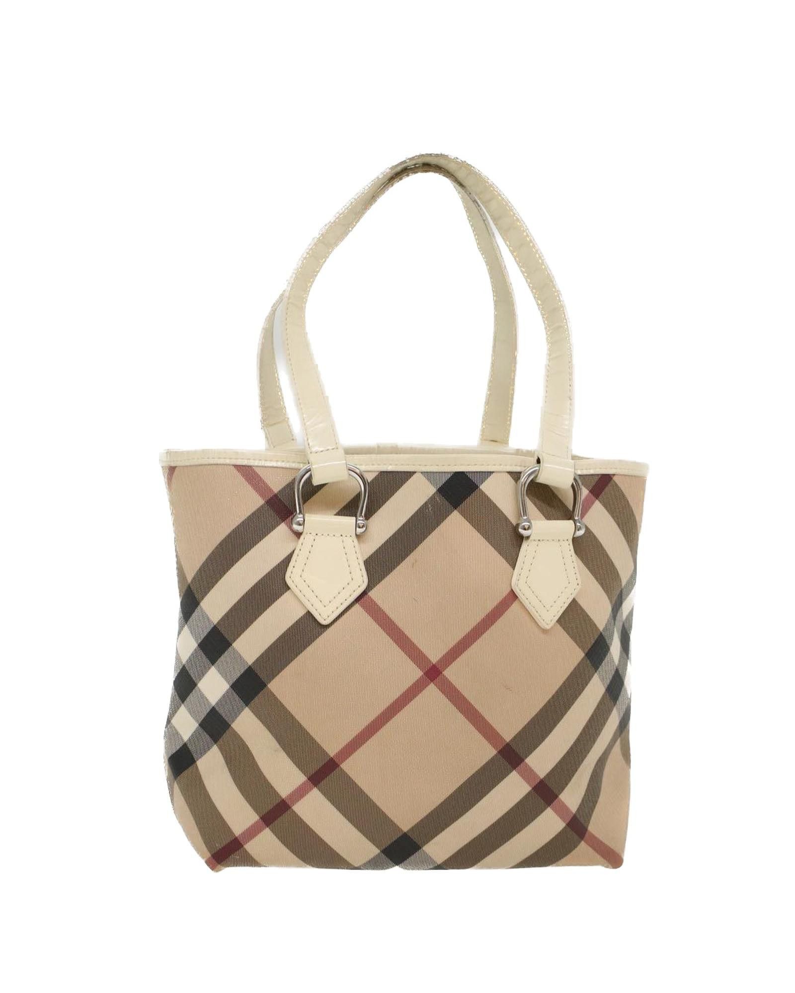 image of Burberry Beige Checkered Pvc Leather Tote Bag - C Rank, Women's