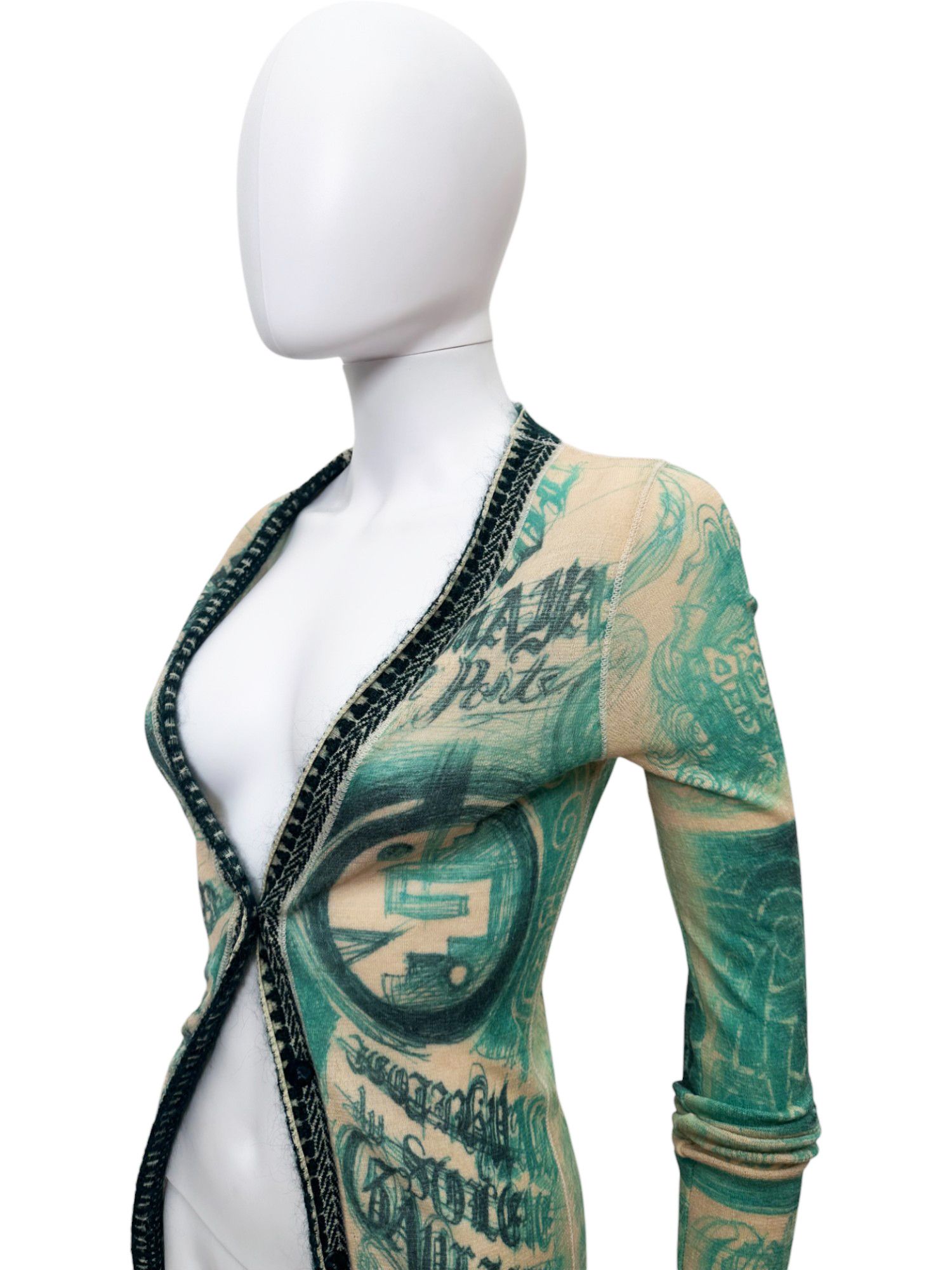 Jean Paul Gaultier 90's Tribal Acqua Green Wool Cardigan Size L / US 10 / IT 46 - 9 Thumbnail