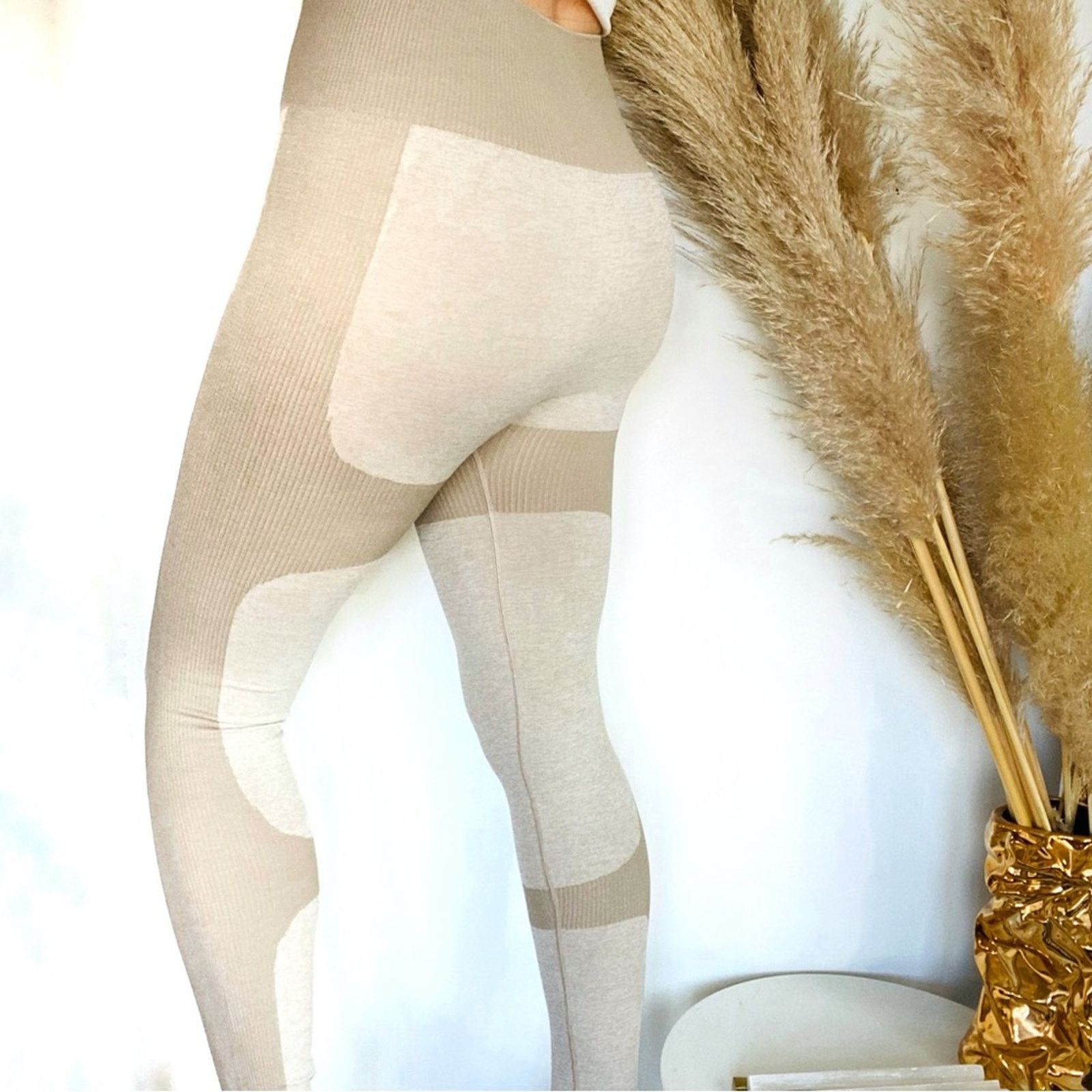 Nine One Seven NEW Tan Cream Beige Colorblock Stripe Ribbed Knit Leggings Size 30" / US 8 / IT 44 - 13 Thumbnail