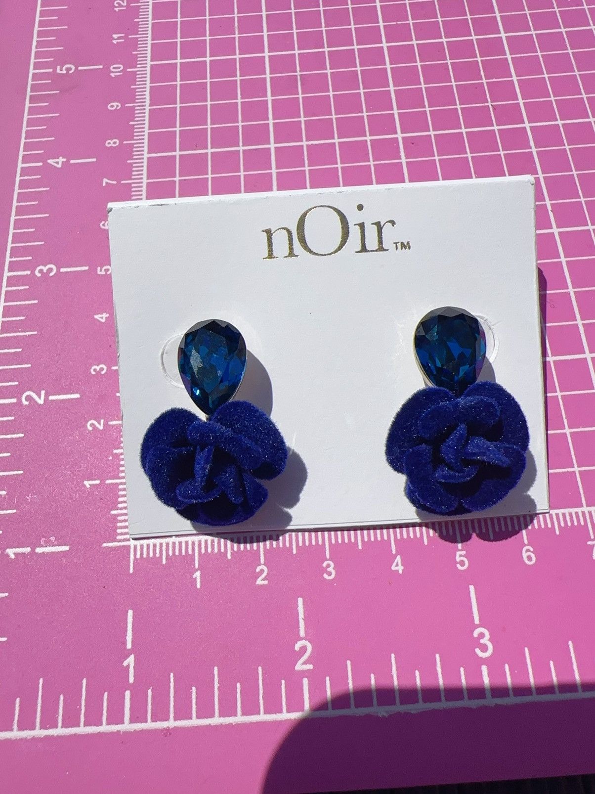Designer Noir silver tone blue velvet rose crystal studs drop earring Size ONE SIZE - 5 Thumbnail