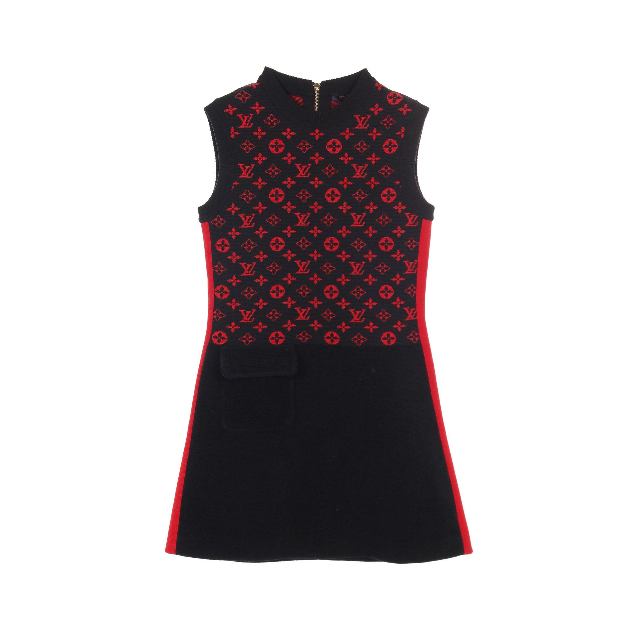 Louis Vuitton Monogram One Piece No Sleeve Wool Cotton Silk Black Red