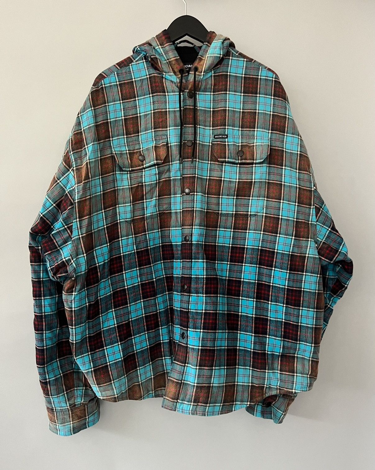 image of Balenciaga Bleached Check Flannel Shirt in Blue/Red, Men's (Size Small)