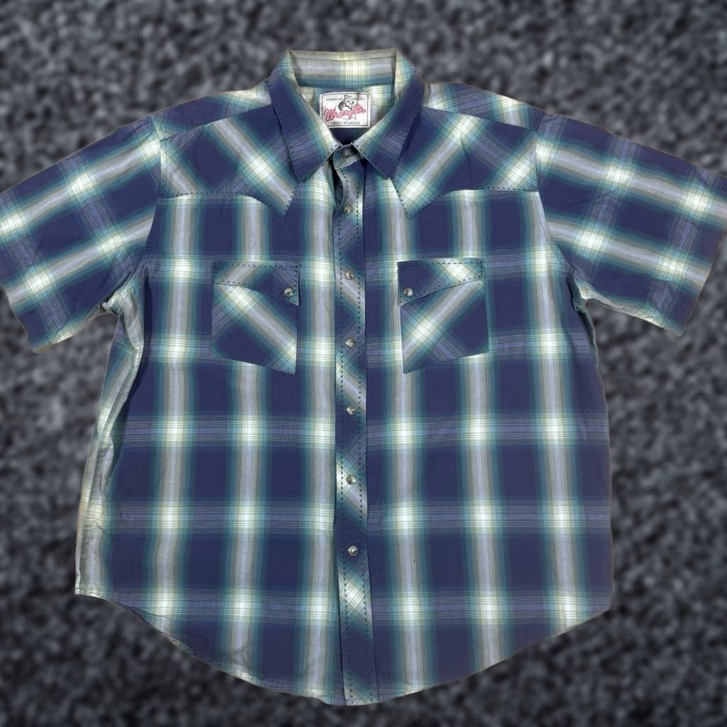 Wrangler VINTAGE Wrangler Shirt Mens Large Blue Green Plaid Pearl Snap Button-Down 80s Western Cowboy Retro Size US L / EU 52-54 / 3 - 1 Thumbnail