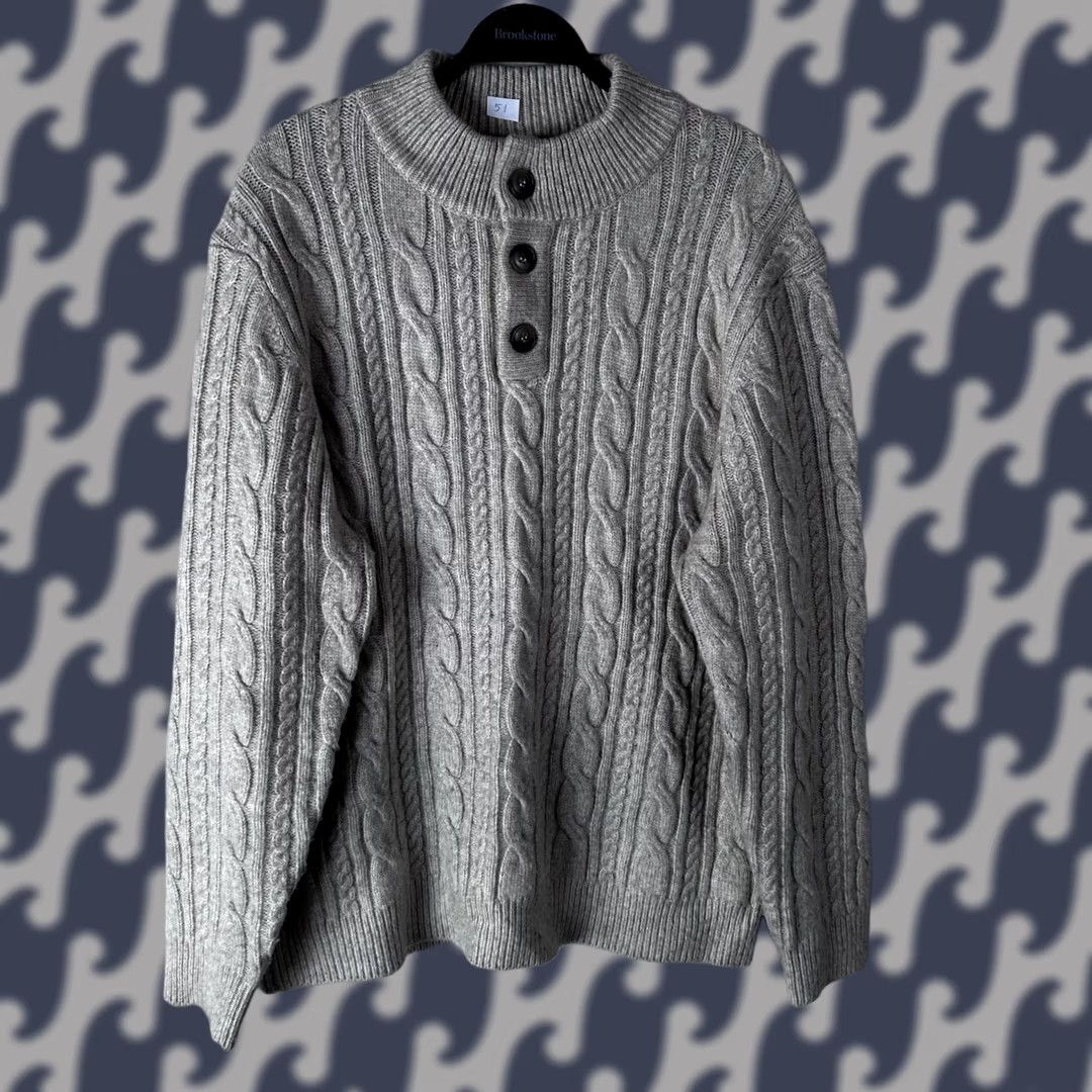 Marine Layer Marine Layer Mens Cable Knit Henley Sweater Beige Wool Blend Mock Neck Large Size US L / EU 52-54 / 3 - 1 Thumbnail