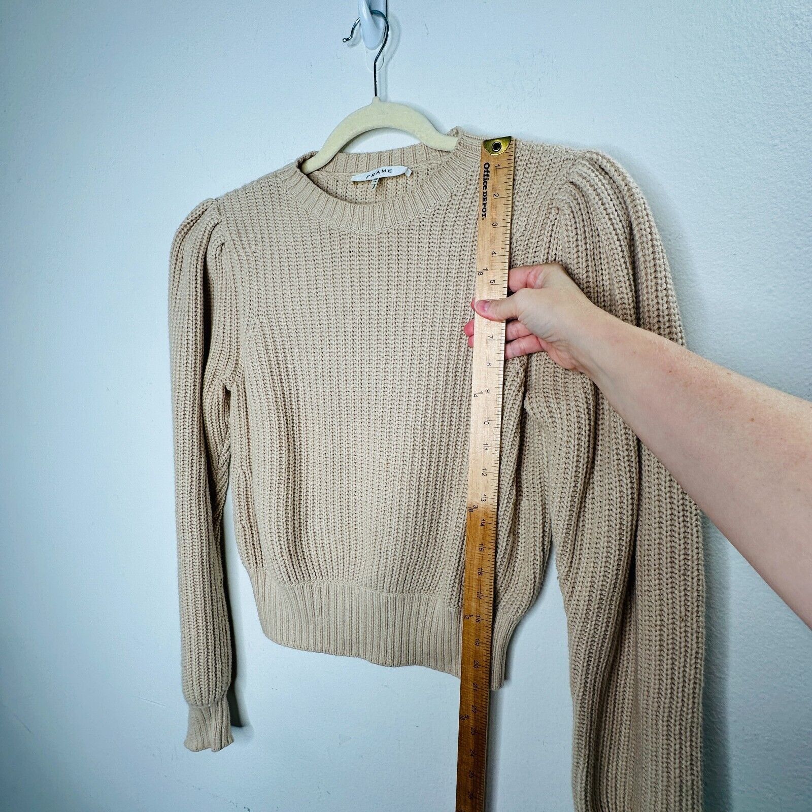Frame Frame Tan Ribbed Cable Crew Balloon Puff-Sleeve Crop Sweater Size XS / US 0-2 / IT 36-38 - 12 Thumbnail