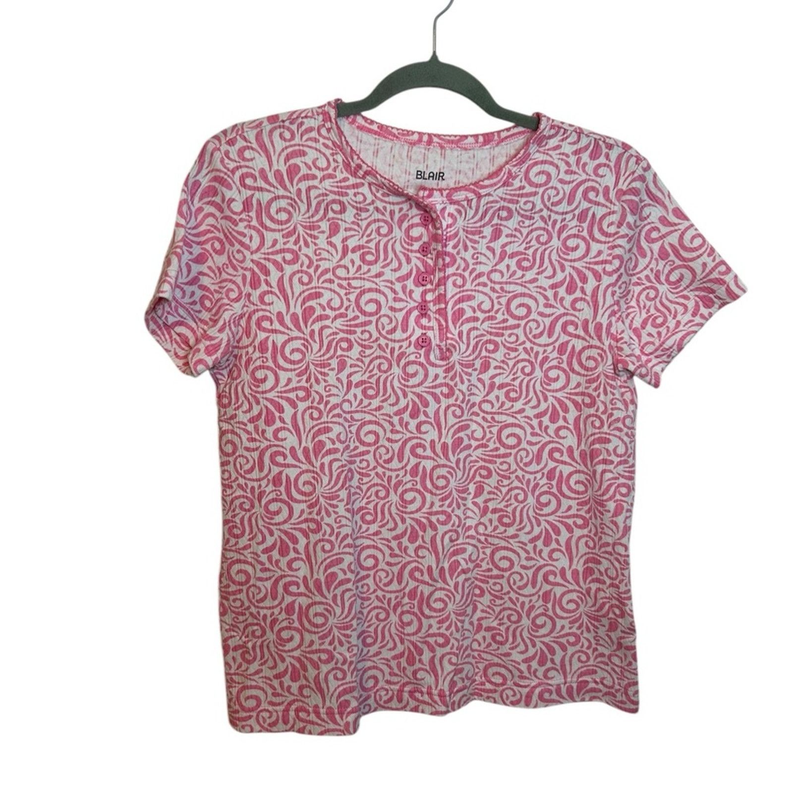 Other Blair Pink and White Swirl Pointelle Henley Tee Size S / US 4 / IT 40 - 1 Thumbnail
