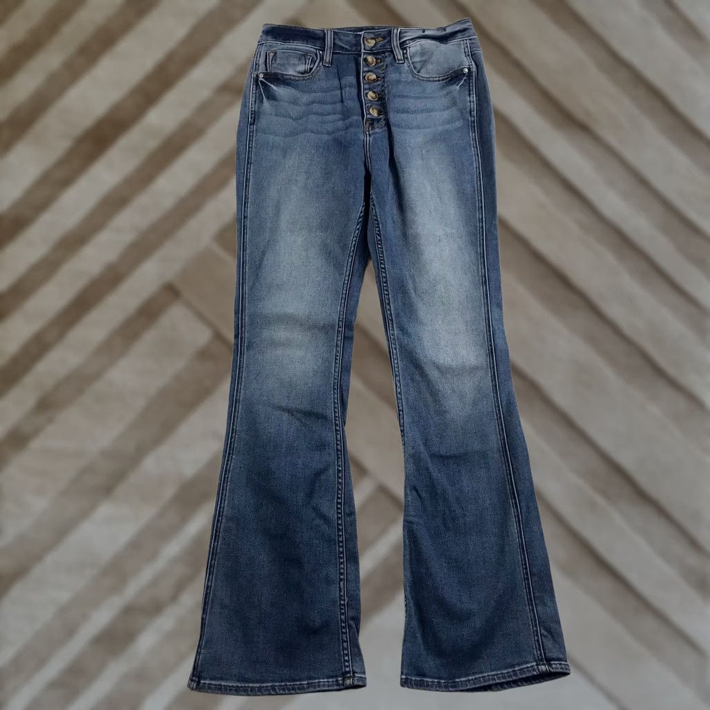 Vintage VIGOSS Jeans Flare High Rise Button Fly 27 Womens Medium Wash Blue 5-Pocket Denim Overall Shape Boots Heel Womens Size 27" / US 4 / IT 40 - 1 Thumbnail