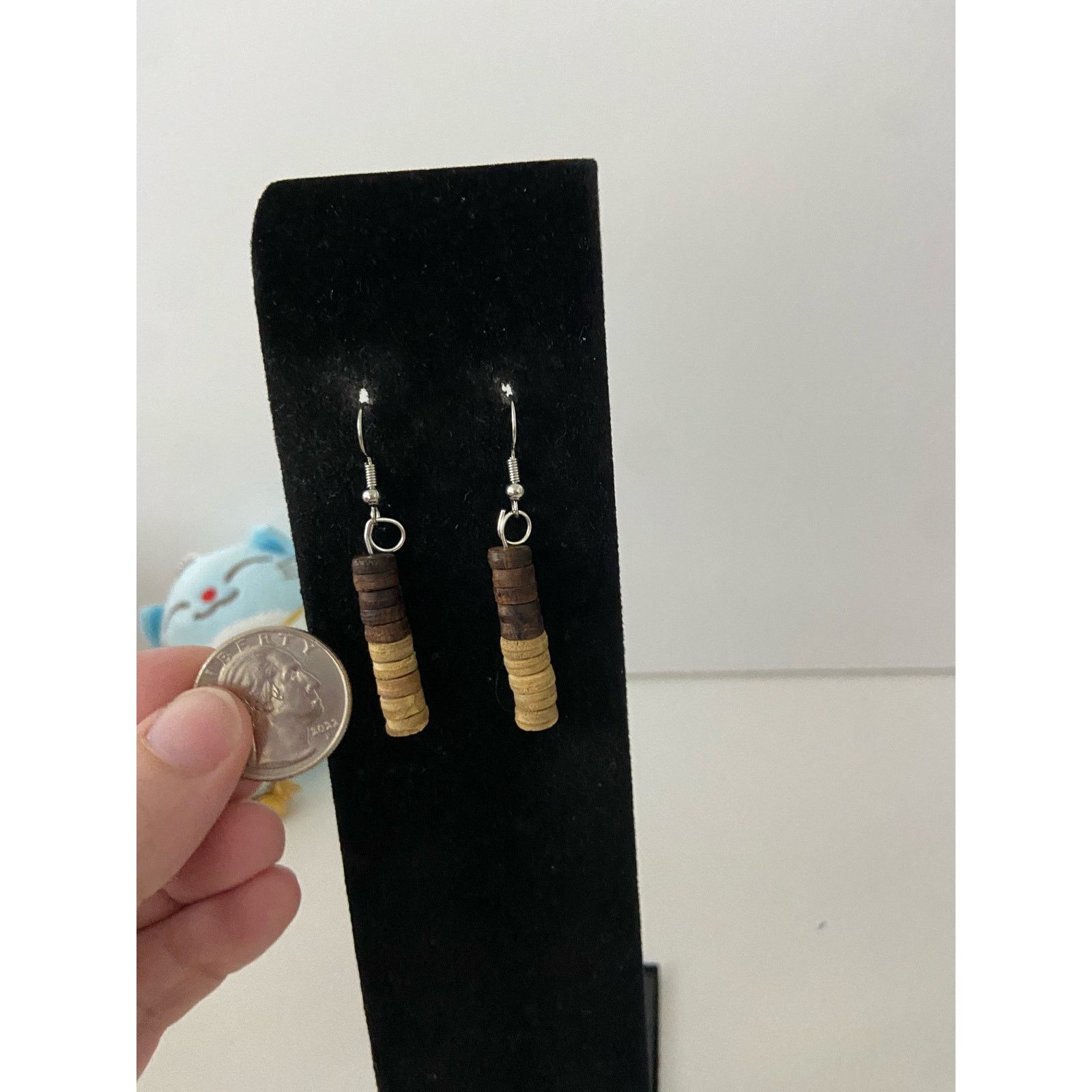 Handmade Upcycled brown and tan wood bead earrings Size ONE SIZE - 2 Thumbnail