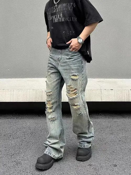 VIBE Hip Hop Vintage Washed Faded Loose Casual Ripped Jeans Size US 33 - 4 Thumbnail