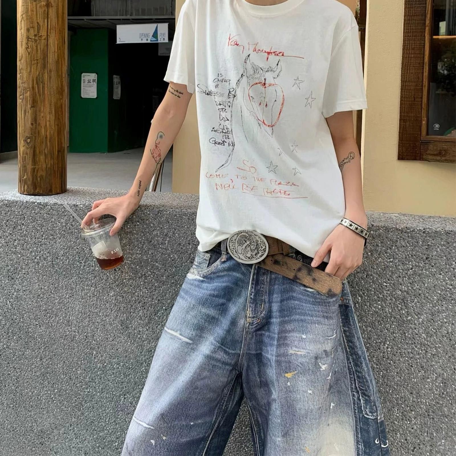 Japanese Brand Blue Distressed Baggy Wide Leg Jeans, Vintage Style Denim Size US 30 / EU 46 - 5 Thumbnail