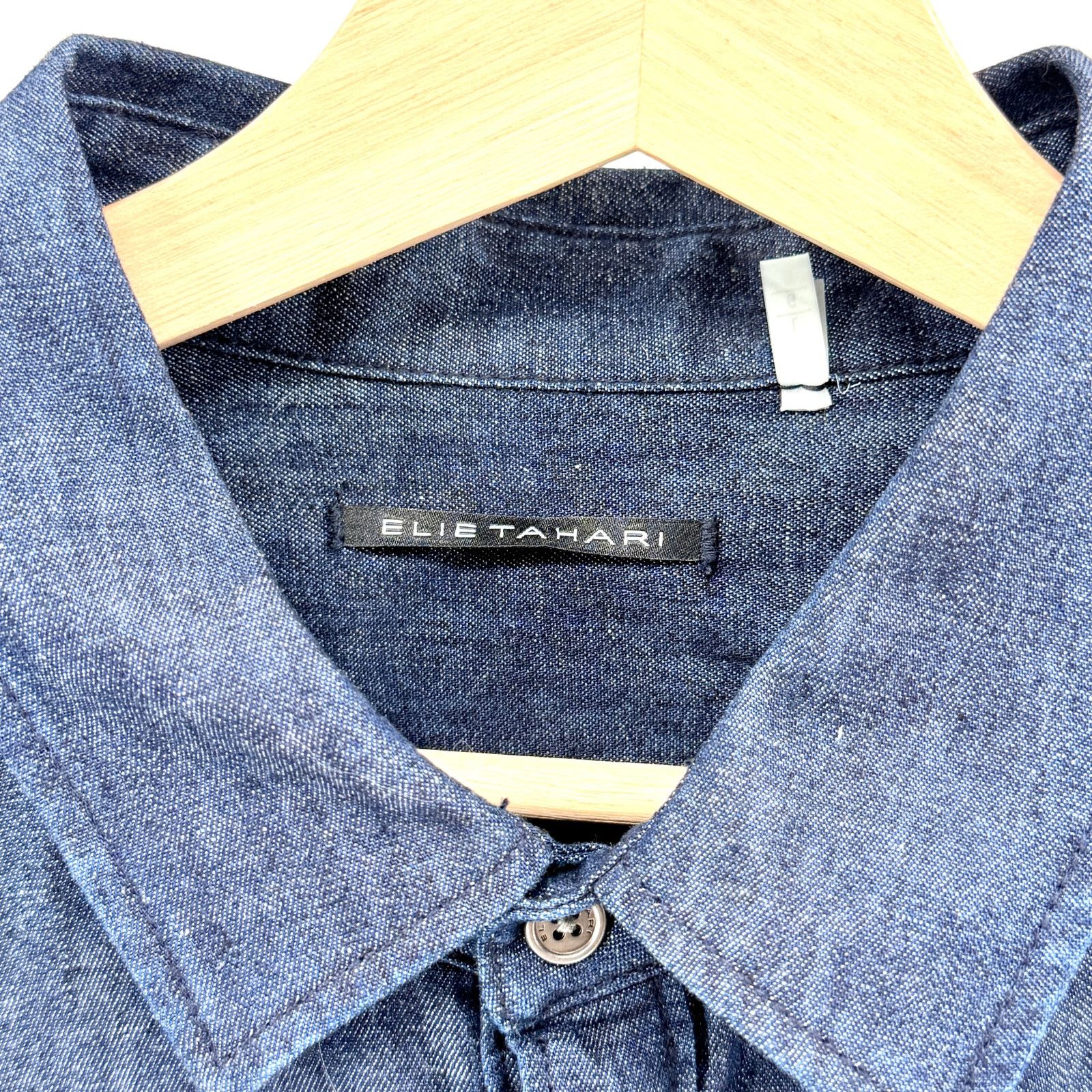 Elie Tahari Blue Cotton Linen Chambray Colorblock Patchwork Shirt Size US L / EU 52-54 / 3 - 7 Thumbnail