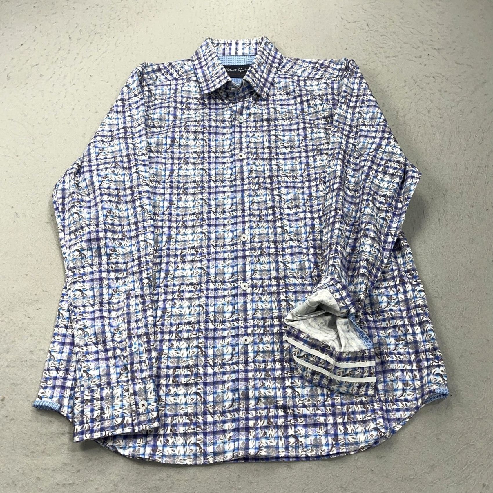 Robert Graham Robert Graham Shirt Mens XL Blue Plaid Floral Tailored Fit Stretch Button Up AOP Size US XL / EU 56 / 4 - 2 Thumbnail