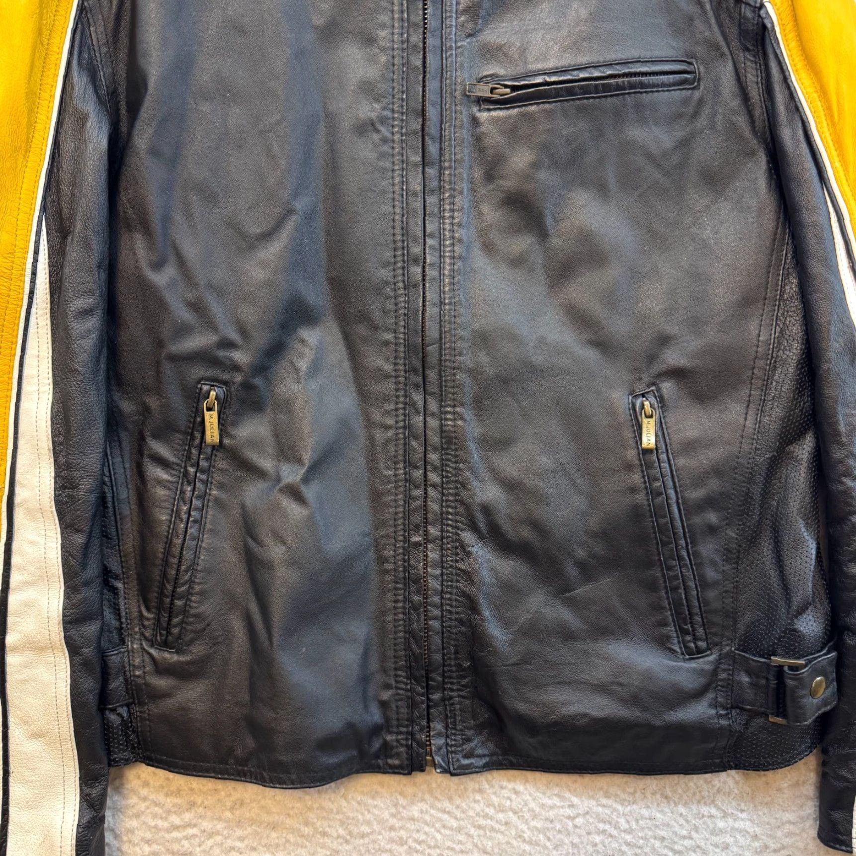 Wilson VINTAGE Wilson's Leather Jacket Large Black Yellow Stripe Cafe Moto M Julian Jacket Size US L / EU 52-54 / 3 - 5 Thumbnail