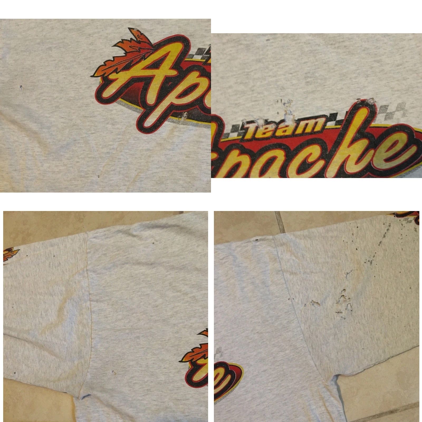 Thrasher Vtg 90s Team Apache Racing Thrashed Faded Shirt XL Grunge Flame Biker Skate Y2K Shirt Men's XL Gray Harley Vintage 90s Grunge Thrashed Thrashed Shirt Size US XL / EU 56 / 4 - 8 Thumbnail
