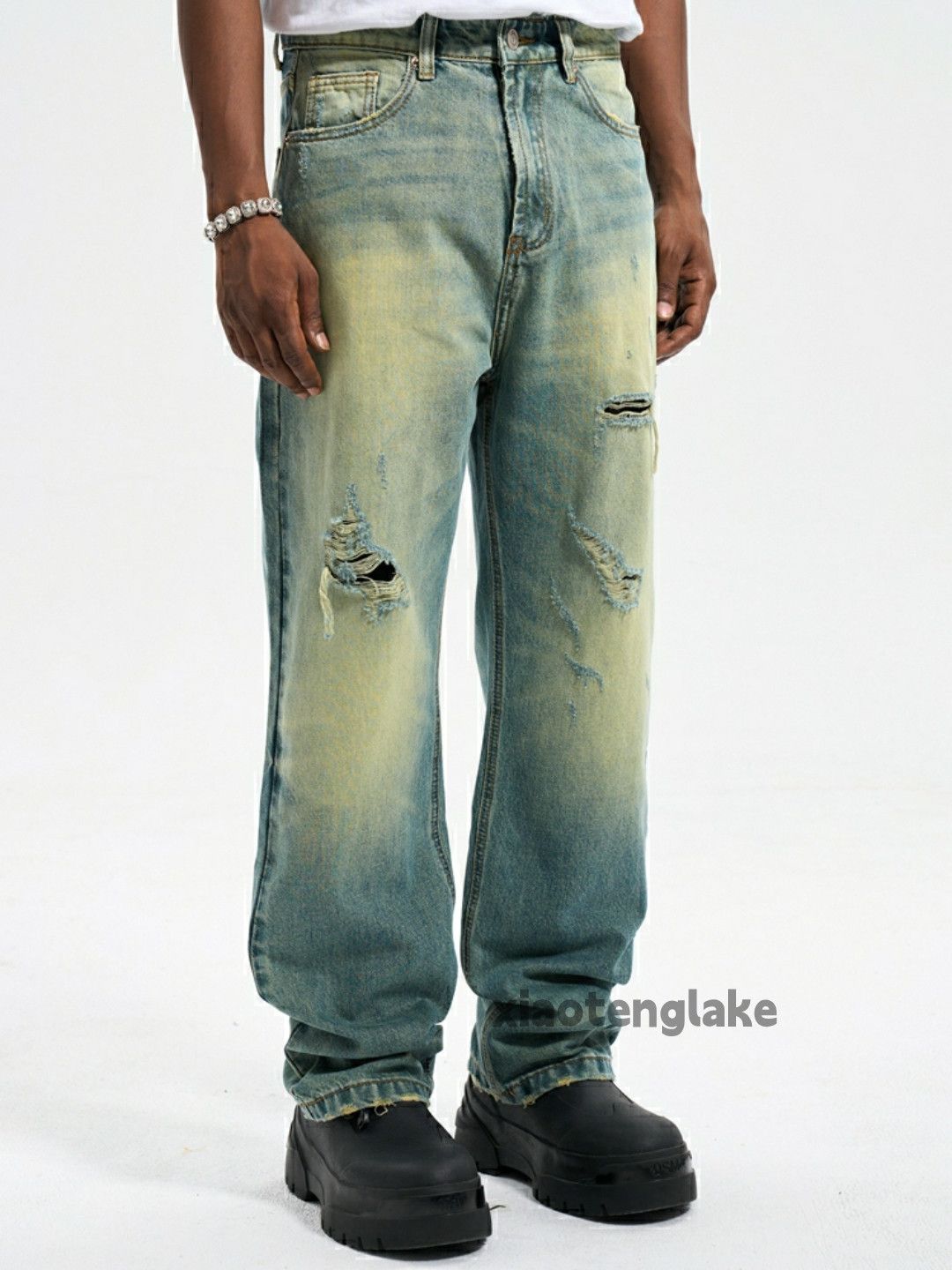 Jean × Vintage washed faded loose baggy skate hiphop damaged jeans Size US 34 / EU 50 - 2 Thumbnail