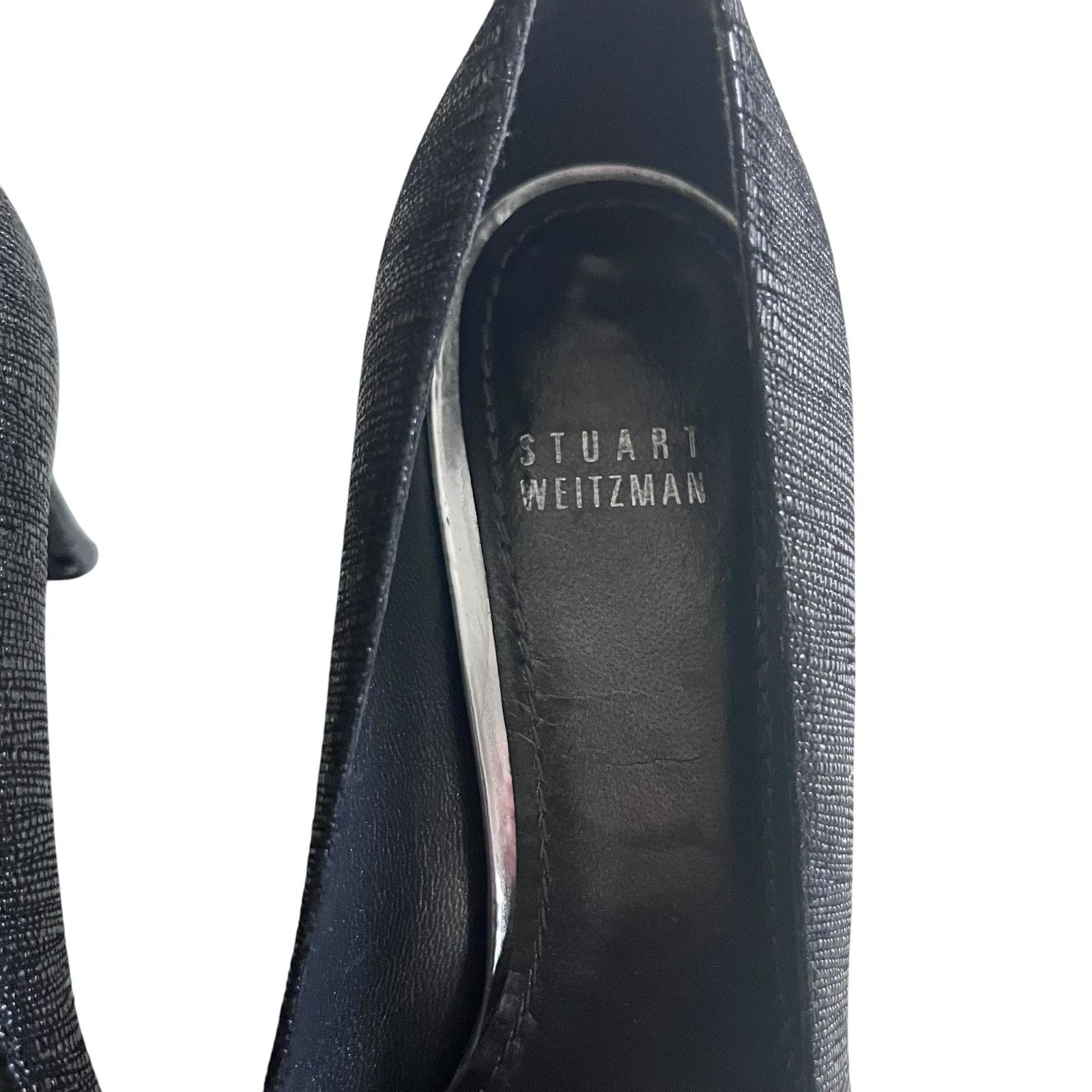 Stuart Weitzman Stuart Weitzman Black Curvia Textured Pointed Toe Pumps Size US 7.5 / IT 37.5 - 3 Thumbnail