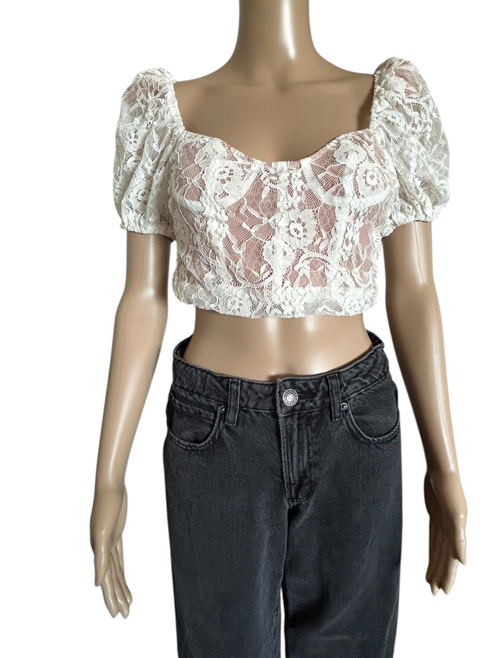 Designer Chic Lace Puff Sleeve Crop Top Size XS / US 0-2 / IT 36-38 - 2 Thumbnail