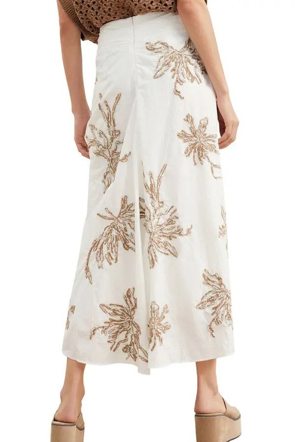 Brunello Cucinelli o1y0725 Embroidered Midi Skirt in White/Brown Size 30" / US 8 / IT 44 - 3 Thumbnail