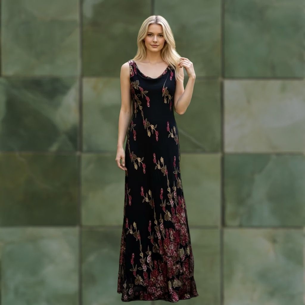 Vintage Sue Wong Nocturne Gown Womens 10 Silk Blend Intricate Floral Beads & Sequins Maxi Dress Long Ruffle Beaded Sequin VINTAGE خ Size L / US 10 / IT 46 - 1 Thumbnail
