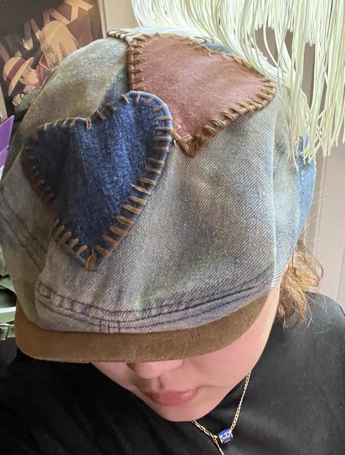 Japanese Brand Outdoor retro faded heart patches denim beret hat cap y2k Size ONE SIZE - 7 Thumbnail
