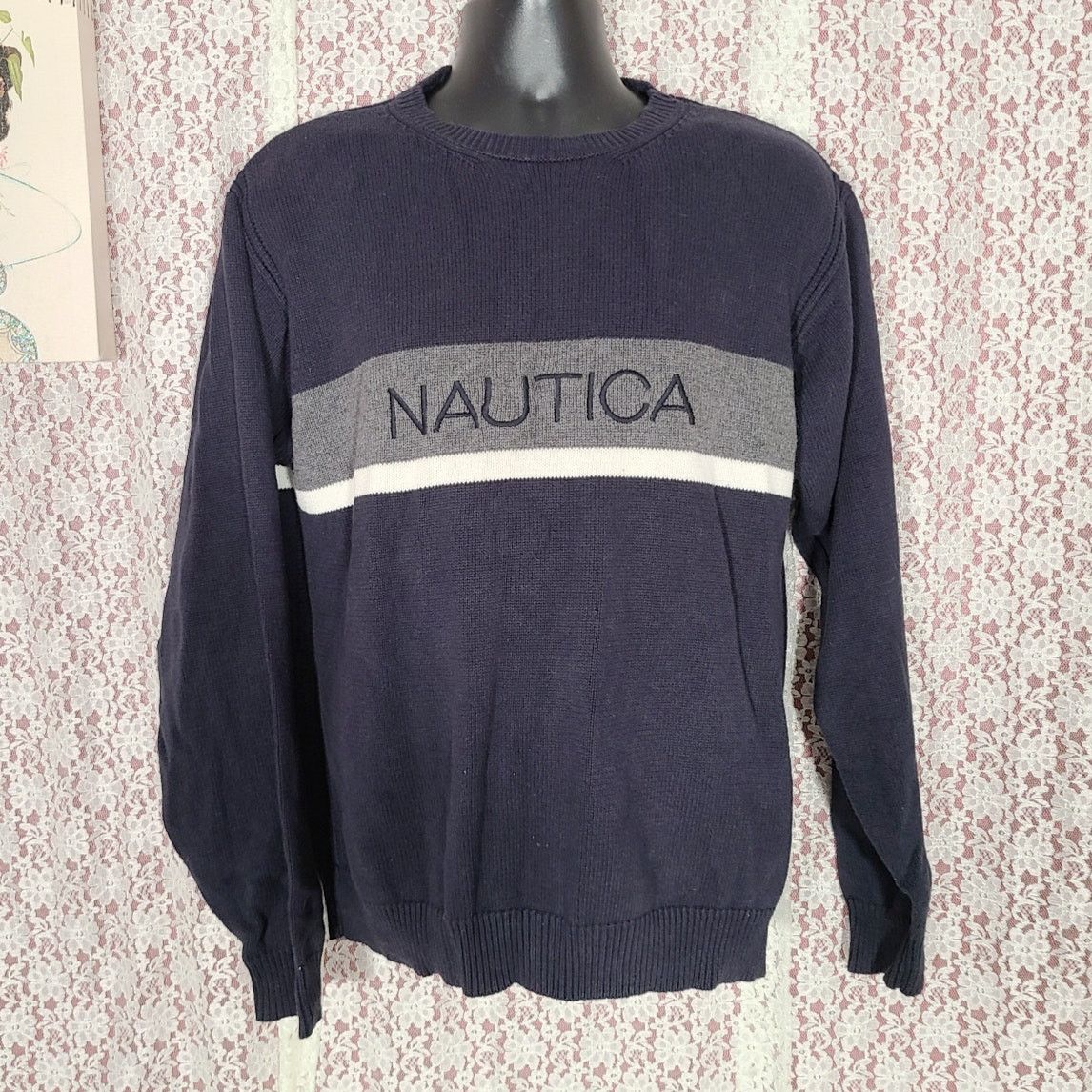 Nautica vintage 90s Nautica navy knit stripped logo sweater size xl Size US XL / EU 56 / 4 - 1 Thumbnail
