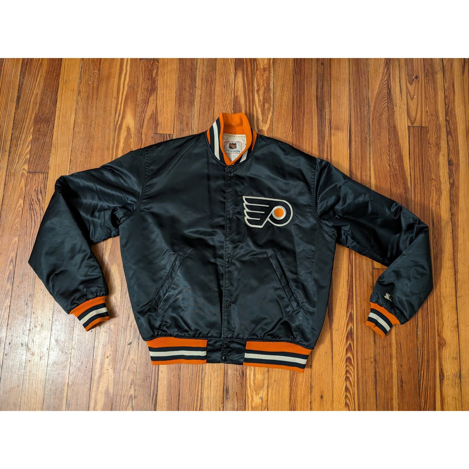 image of Starter VTG Philadelphia Flyers Black Satin Jacket Size L, Men's