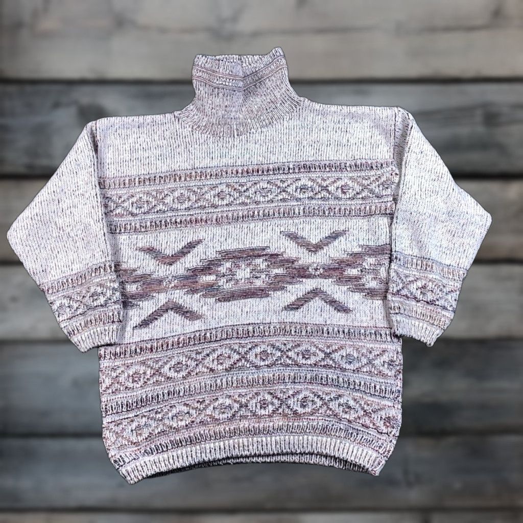 Vintage VTG 90s Aztec Textured Turtleneck Sweater Women's M White Purple Pullover Heavyweight Knit Geometric 80s Retro Hipster Vintage Womens Size M / US 6-8 / IT 42-44 - 1 Thumbnail