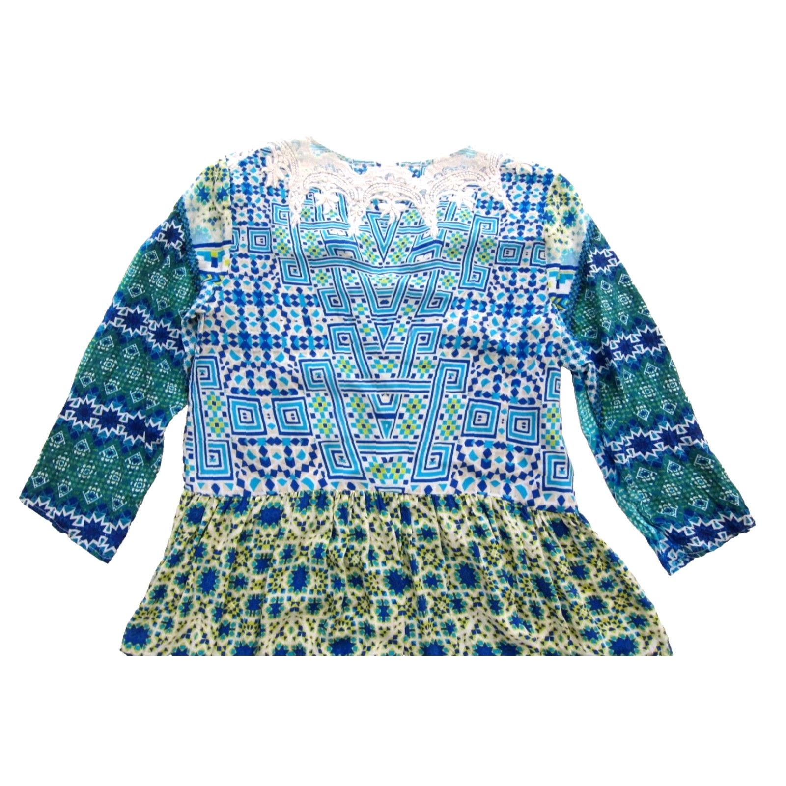 Rococo Sand VINTAGE Rococo Sand 100% Silk Blue Yellow Tassel V-Neck 3/4 Sleeve Boho Mini Dress M Size M / US 6-8 / IT 42-44 - 5 Thumbnail