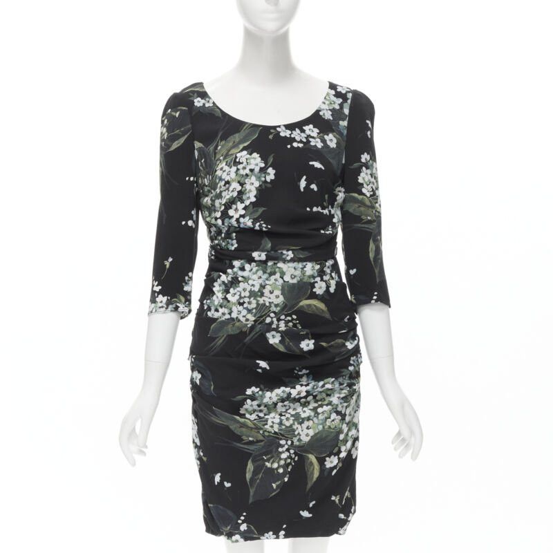 Dolce & Gabbana DOLCE GABBANA silk black white green floral print ruched bodycon dress IT40 XS Size S / US 4 / IT 40 - 1 Thumbnail