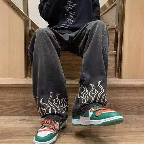 Japanese Brand × Jean Flame Embroidery Jeans Wide Leg Denim Jeans Baggy Size US 28 / EU 44 - 1 Thumbnail