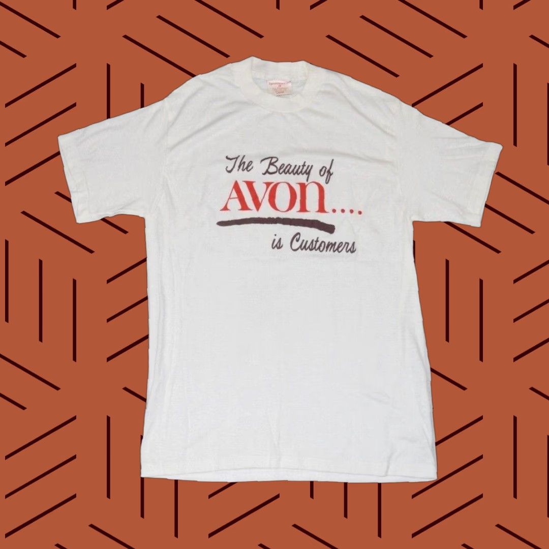 Vintage 1970s Avon Beauty Lipstick Graphic T-Shirt Large White Casual Retro Mod