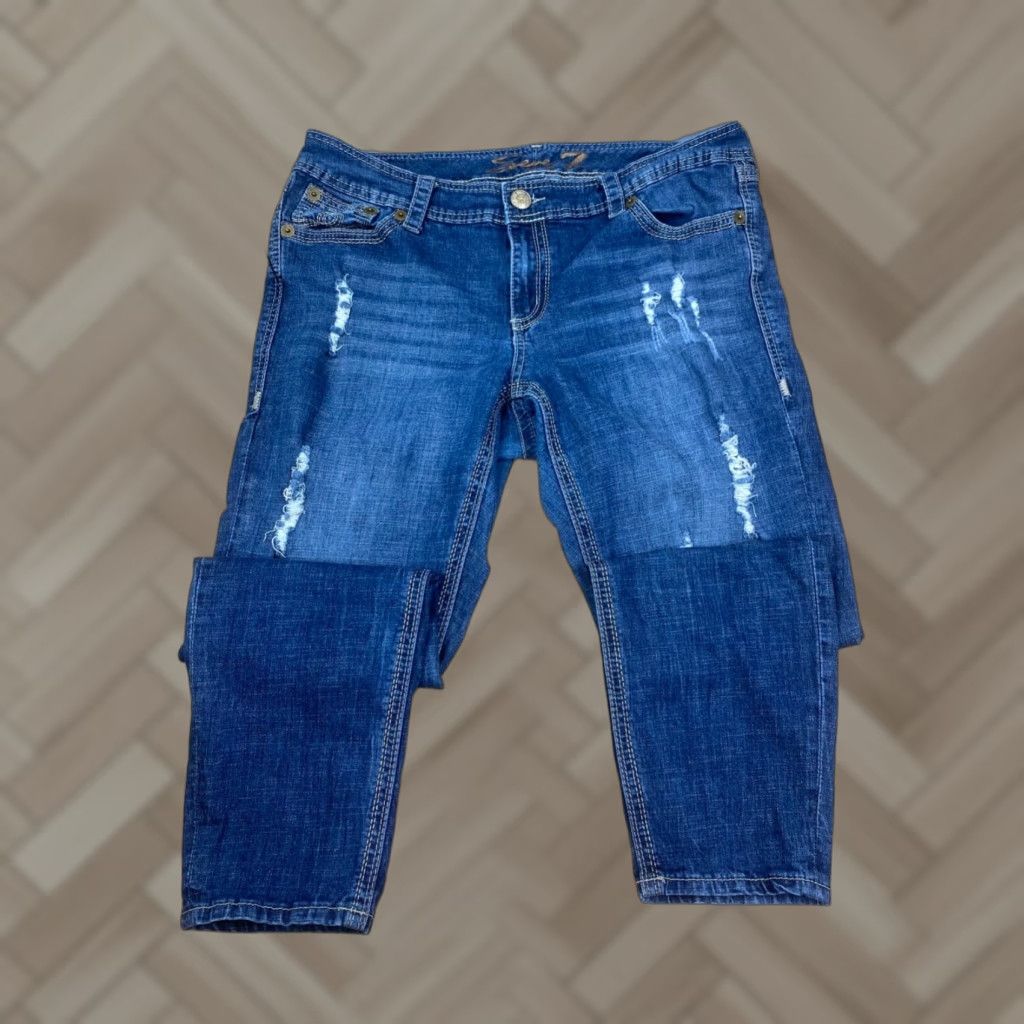 Vintage Seven7 Luxe Denim Jeans Womens 18 Skinny Mid Rise Dark Wash Distress 8162 Size 40" / US 18 - 1 Thumbnail