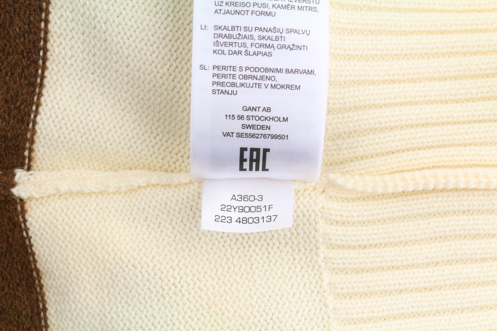 Gant BLOCK STRIPED C-NECK L Cream Alpaca Wool Blend 88110 Size L / US 10 / IT 46 - 9 Thumbnail