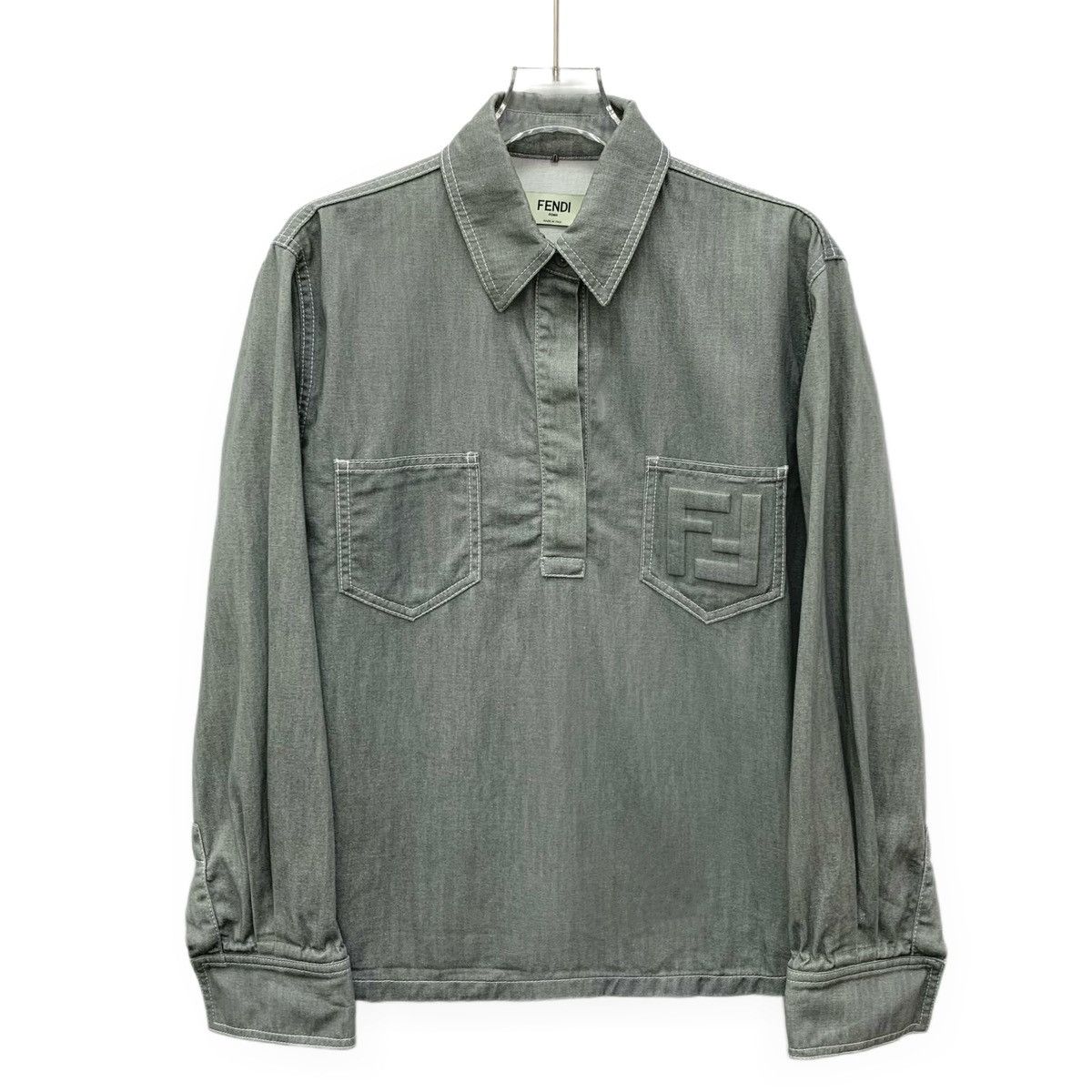 Fendi Fendi Gray-Green Logo Embossed Long Sleeve Denim Shirt K26WX Size US L / EU 52-54 / 3 - 1 Thumbnail