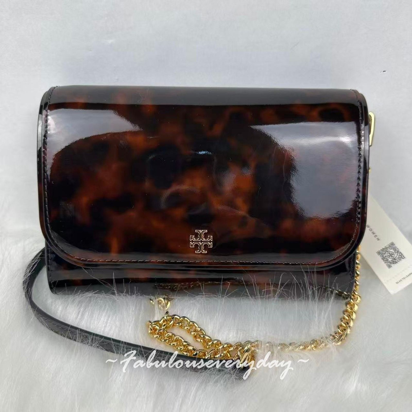 Tory Burch Tory Burch Emerson Tortoise Patent Leather Chain Wallet Size ONE SIZE - 1 Thumbnail