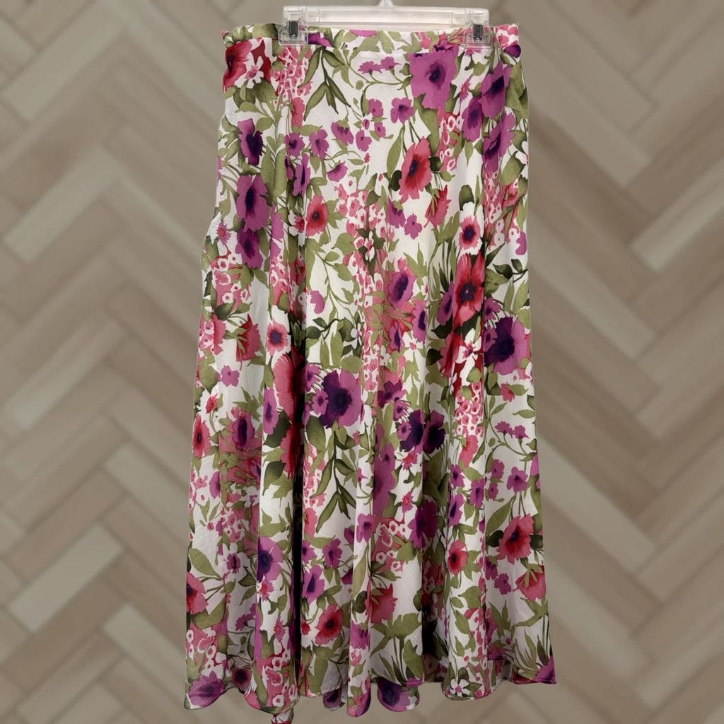 Pinko Roz & Ali Floral Maxi Skirt Womens 1X Skirt + Plus Size Pink Floral Boho Chiffon Ruffle Asymmetric Long Maxi Dress Size 40" / US 18 - 1 Thumbnail