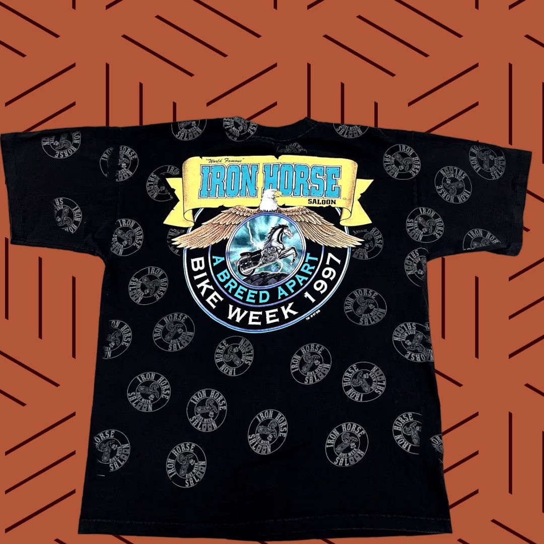 Gloverall VINTAGE IRON HORSE SALOON Shirt Mens XL AOP All Over Graphic Tee Bike Week 1997 Mens XL Black Cotton 90s Biker Retro Size US XL / EU 56 / 4 - 1 Thumbnail