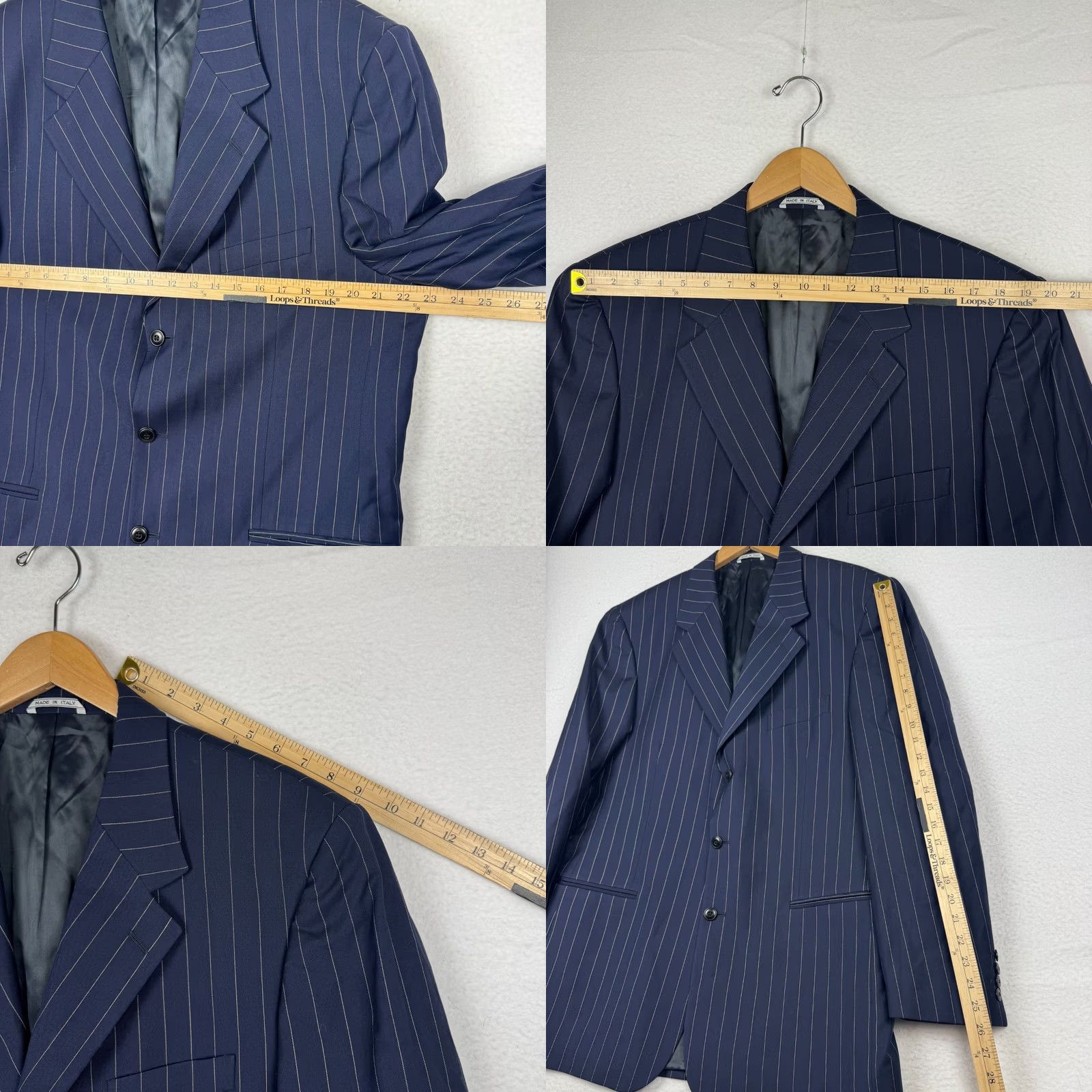Vintage Bachrach Blazer Shirt: Mens 43 L Pisa Navy Blue Pin Stripe Super 120s Wool Silk Blazer Two Piece Notch Lapel 3-Button 4-Button Sleeve Size 46R - 8 Thumbnail