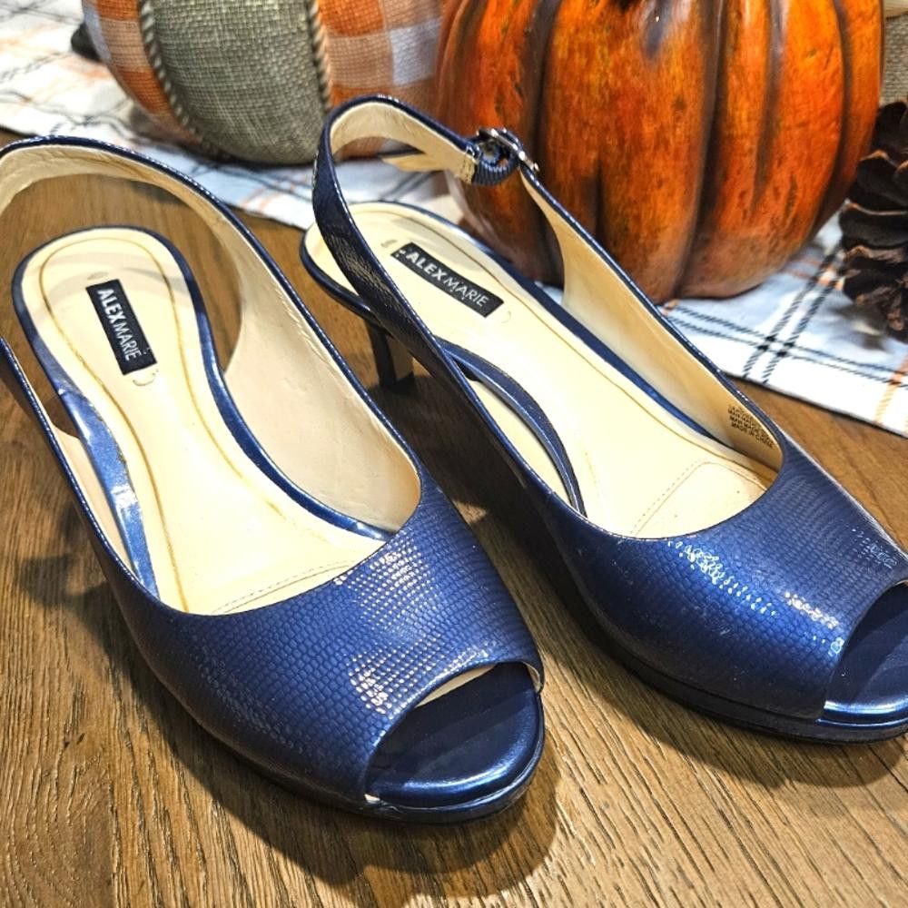 Designer Alluring Alex Marie Navy Blue Open-Toe Heels Size US 5.5 / IT 35.5 - 1 Thumbnail