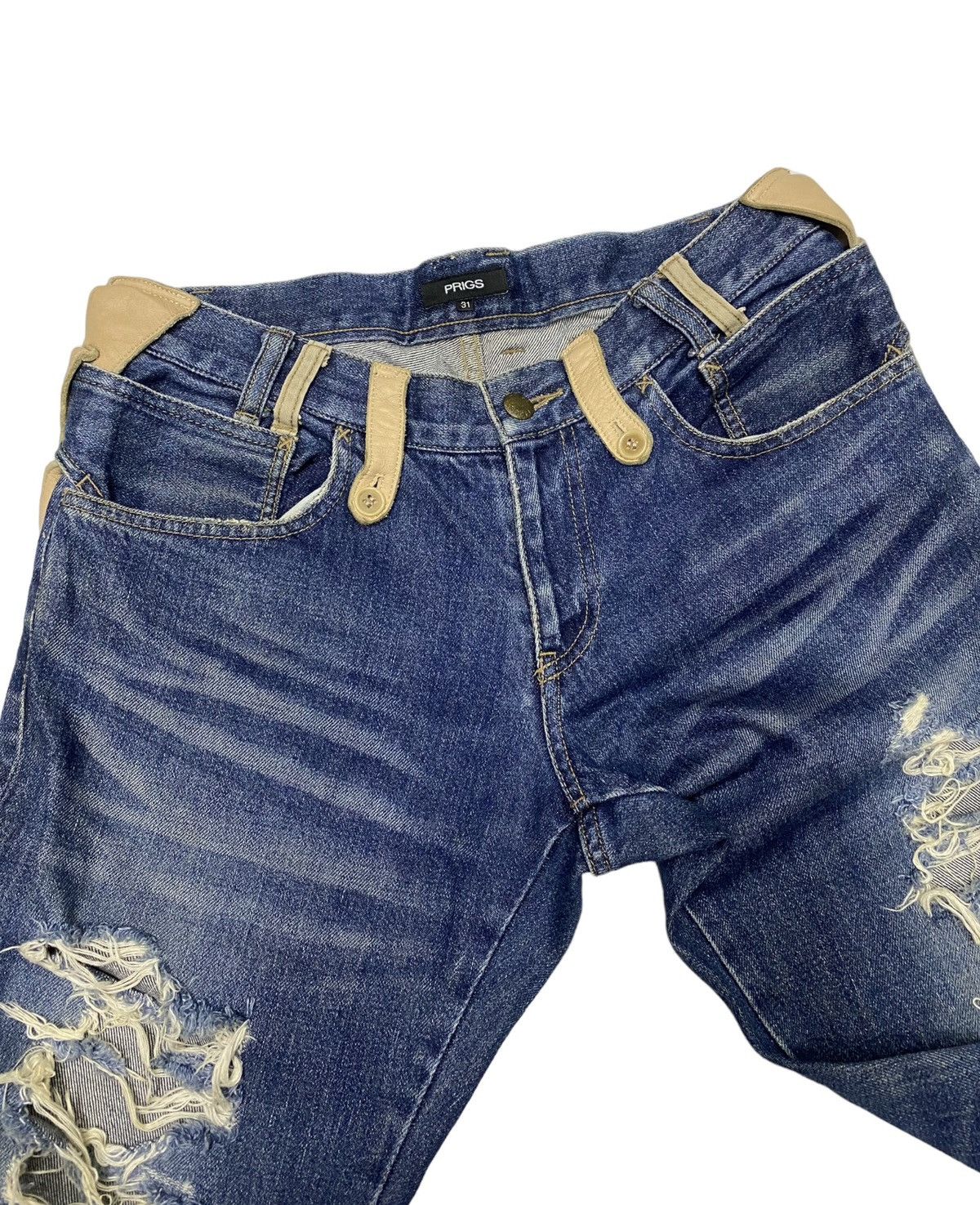 If Six Was Nine 🔥RARE PRIGS DISTRESSED DENIM LEATHER WAIST PART JEANS Size US 32 / EU 48 - 8 Thumbnail