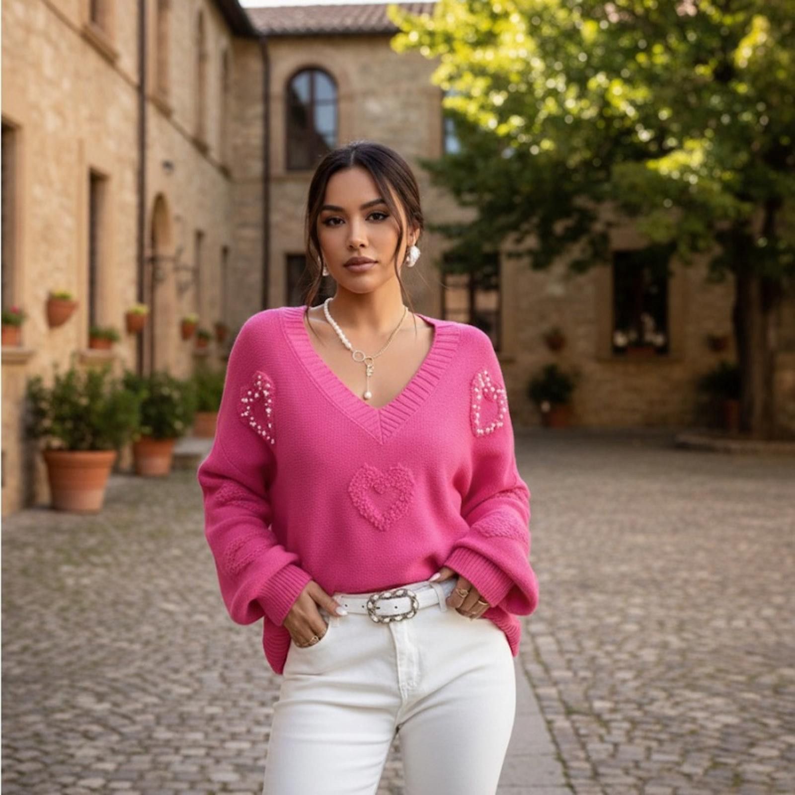 Other Pink V-Neck Sweater with Pearl Heart S, L cottagecore barbie Size S / US 4 / IT 40 - 1 Thumbnail