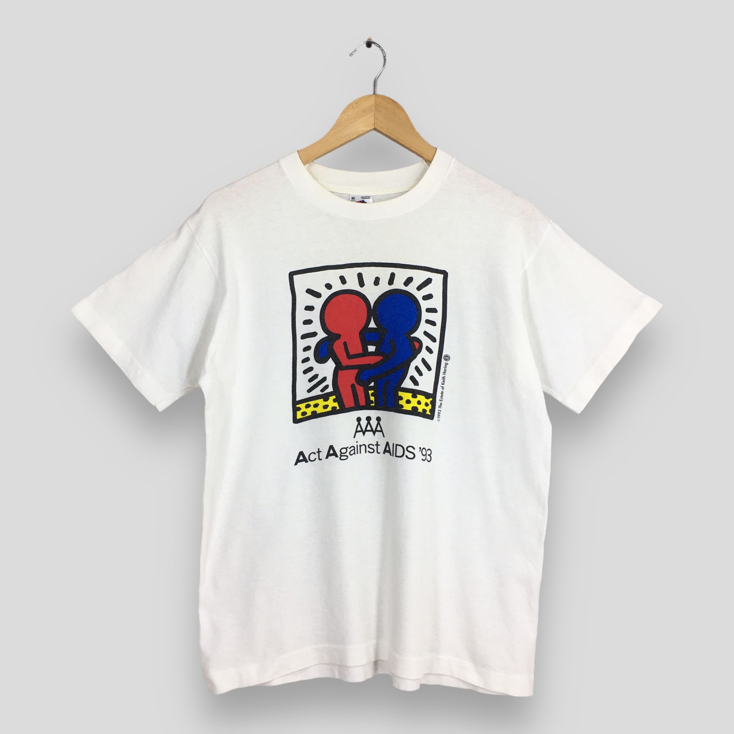 image of Vintage 1993 Keith Haring Hug Pop Art T Shirt Medium in White, Men's