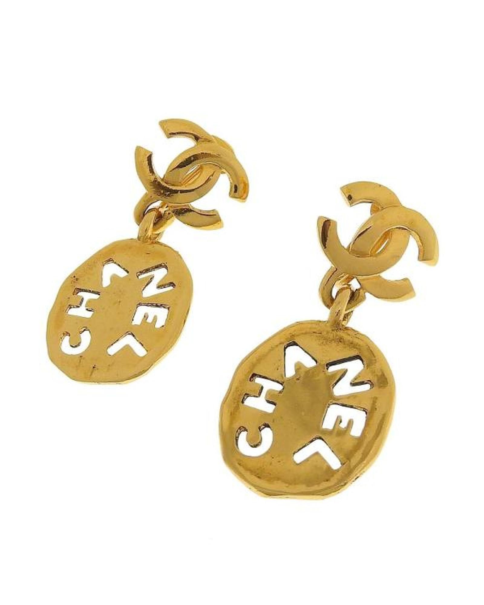 image of Chanel Gold Cc Cutout Logo Drop Earrings, Women's