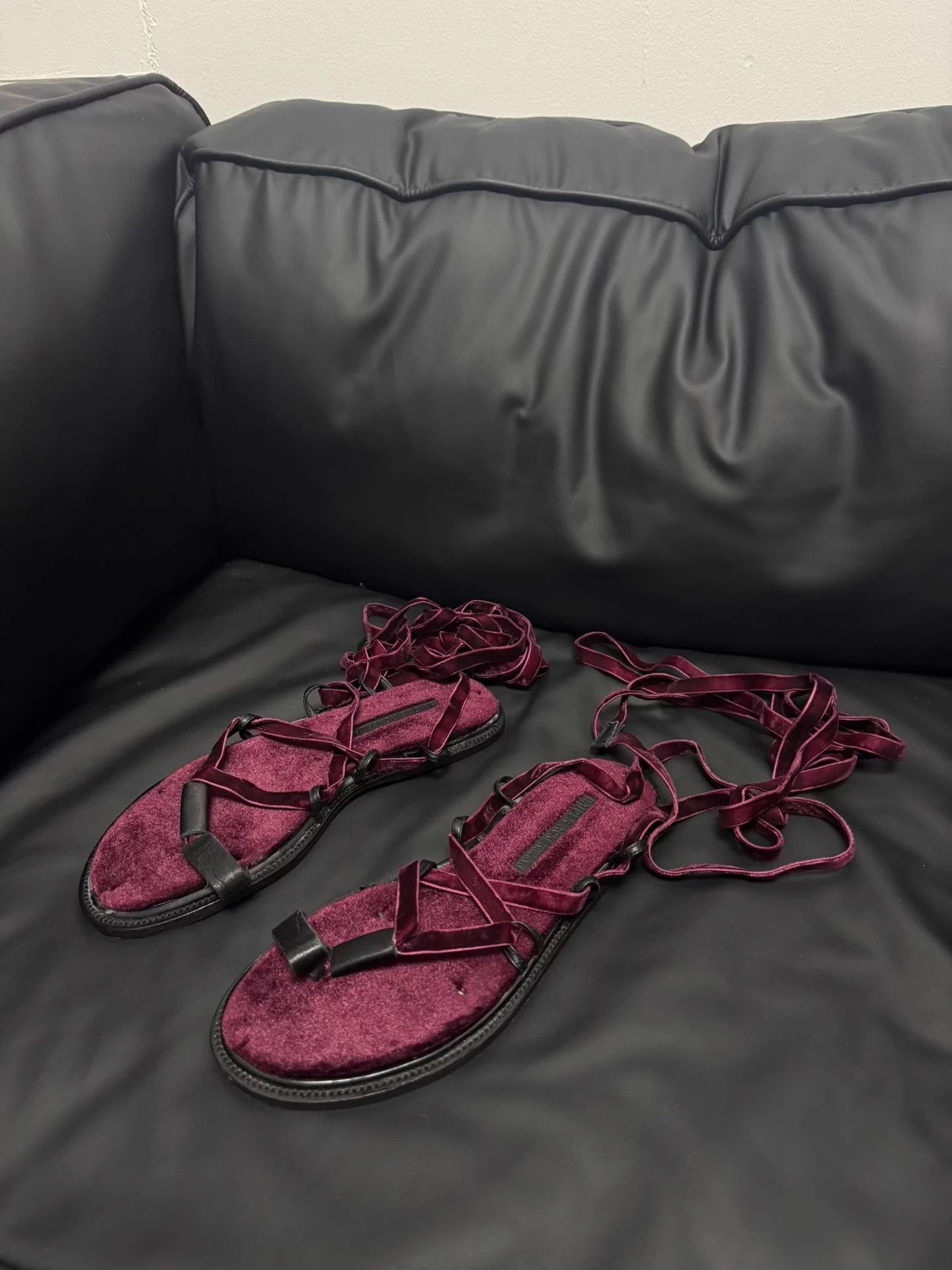 Haider Ackermann Haider Ackermann Red Velvet Long Strap Sandals 36 Size US 5 / IT 35 - 3 Thumbnail