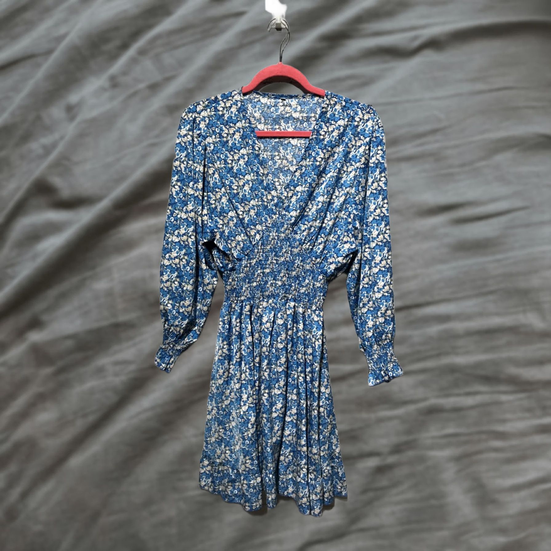 Dress Women 2XL Blue/White Floral Smocked Waist & Cuff Cottagecore Polyester, Women's (Size Xxl)
