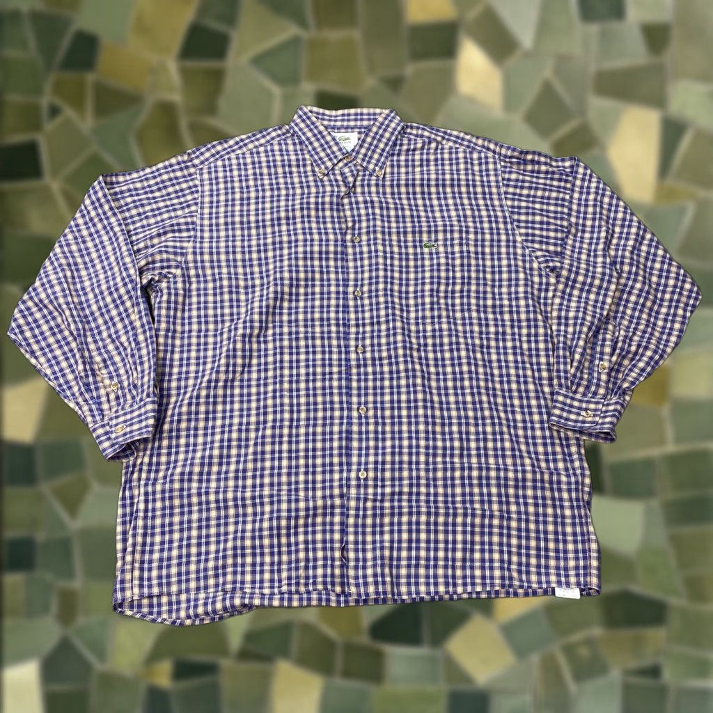 VINTAGE Lacoste Shirt Mens Large Blue Beige Plaid Button Down Long Sleeve Made in France 42 Regular Navy Mens