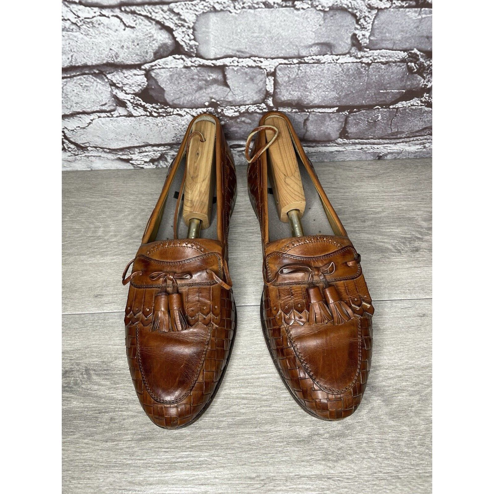 Johnston & Murphy Johnston & Murphy Brown Leather Woven Kiltie Tassel Loafers Size US 12 / EU 45 - 17 Thumbnail