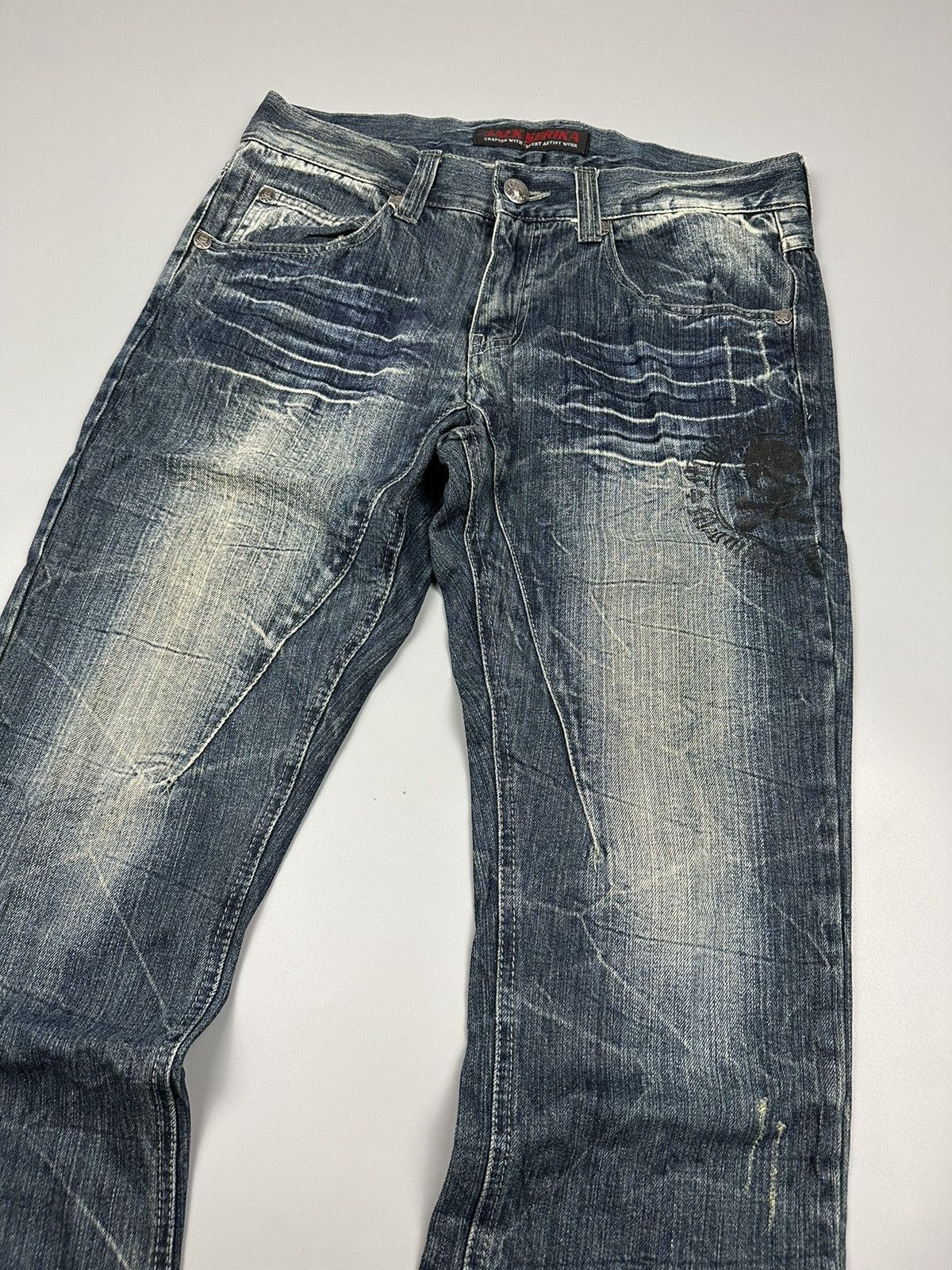 If Six Was Nine Distressed Flared Denim Jack Serika Britain Skull Bones Size US 34 / EU 50 - 5 Thumbnail