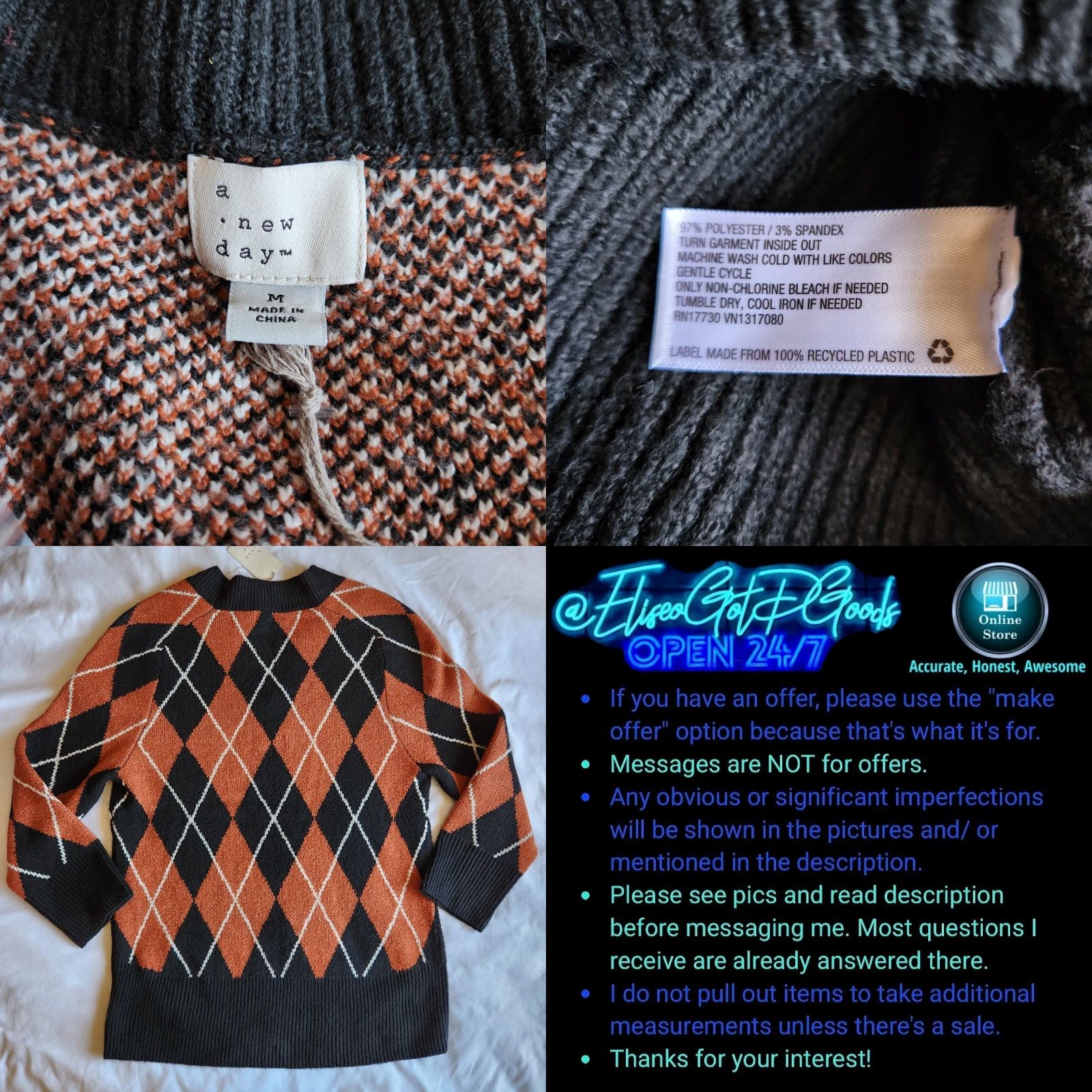 Vintage A New Day Long Sleeve Knitted Black Rust Orange Argyle Tunic Women's Med Sweater Size M / US 6-8 / IT 42-44 - 8 Thumbnail